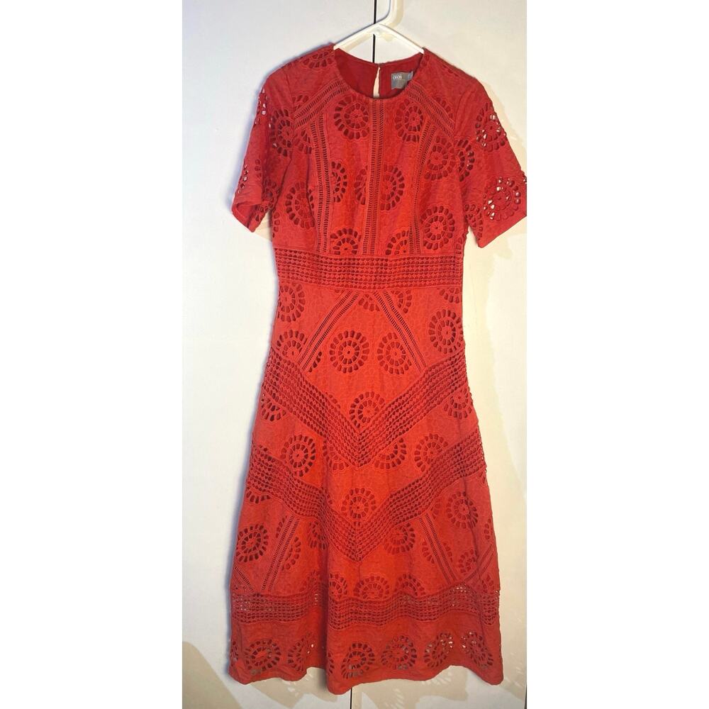 ASOS Design Red Short Sleeve Red Lace Pleated  Paneled Midi Open Back Dress sz 8 - Picture 3 of 8